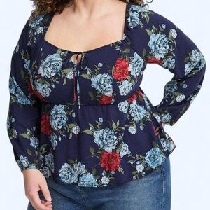 Torrid Plus Sz 2 Navy Blue Floral Smocked Peplum Babydoll Top Boho Girlhoodcore